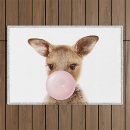 Baby Kangaroo Blowing Bubble Gum, Pink Nursery, Baby Animals Art Print by Synplus Outdoor Rug