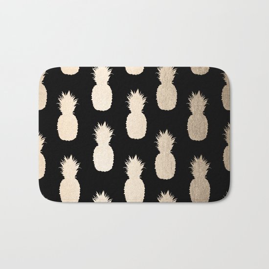 Gold Pineapples Pattern Black Bath Mat