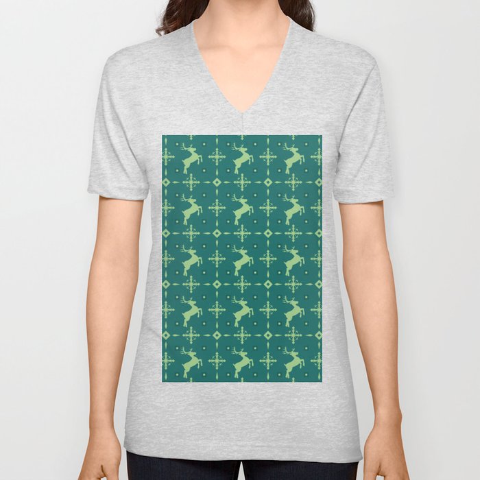 Christmas Vintage Green Blue Deer V Neck T Shirt