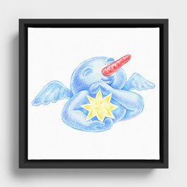 Pencil illustration of a cute smiling snowman with angel wings and the Bethlehem Christmas star in his hands Framed Canvas