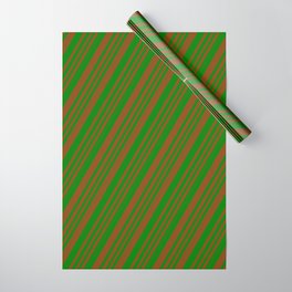[ Thumbnail: Brown & Green Colored Stripes Pattern Wrapping Paper ]