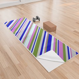 [ Thumbnail: Colorful Light Grey, Green, Orchid, Light Cyan, and Blue Colored Lined/Striped Pattern Yoga Towel ]