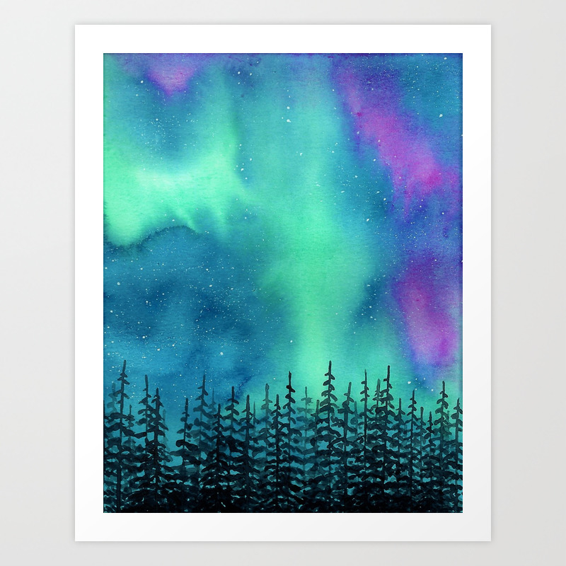 Wilderness Lights Aurora Borealis Watercolor Landscape Painting