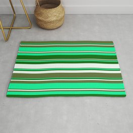 [ Thumbnail: Green, Dark Green, Mint Cream, and Dark Olive Green Colored Stripes/Lines Pattern Rug ]