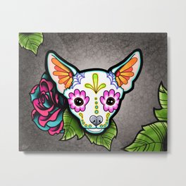 Chihuahua in White - Day of the Dead Sugar Skull Dog Metal Print | Adorable, Folkart, Candy, Drawing, Sugar, Mexico, Calavera, White, Colorful, Mexican 