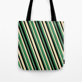 [ Thumbnail: Tan, Sea Green & Black Colored Striped Pattern Tote Bag ]