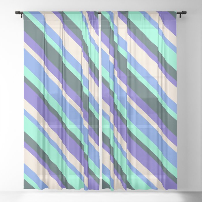 Colorful Cornflower Blue, Aquamarine, Dark Slate Gray, Slate Blue & Beige Colored Stripes Pattern Sheer Curtain