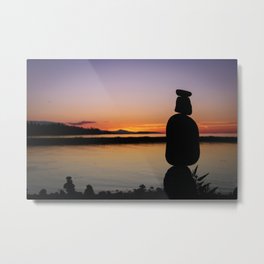 Inukshuk Sunset Silhouette  Metal Print | Calm, Blue, Peaceful, Water, Inukshuk, Tranquil, Photo, Creation, Orange, Ocean 