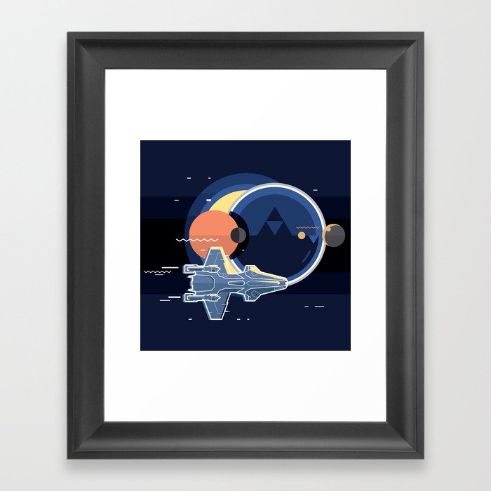 Spacecraft, spaceship in space, planet and sputnik, star war Framed Art Print