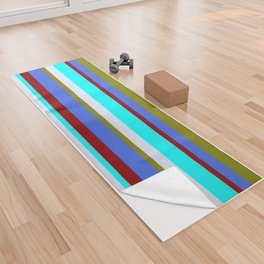 [ Thumbnail: Colorful Green, Royal Blue, Dark Red, Cyan & Lavender Colored Lined Pattern Yoga Towel ]