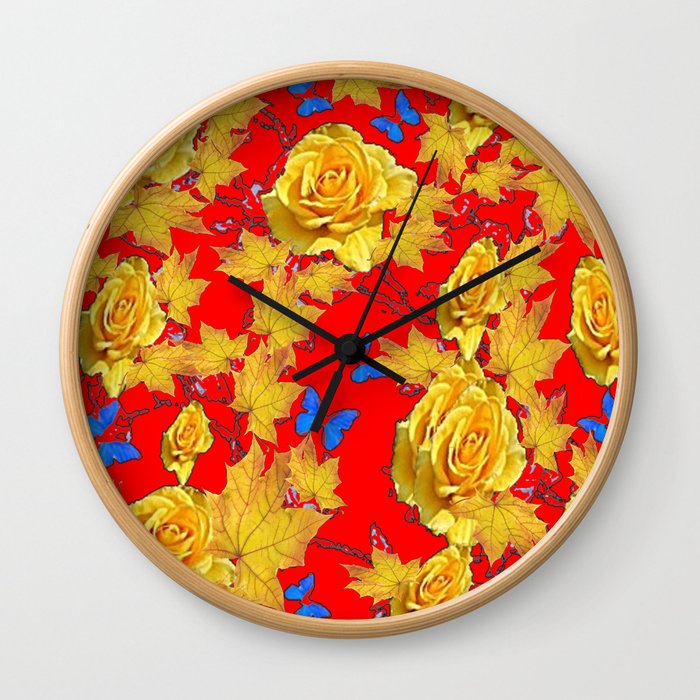 GOLDEN YELLOW ROSES & LEAVES RED GARDEN ART Wall Clock