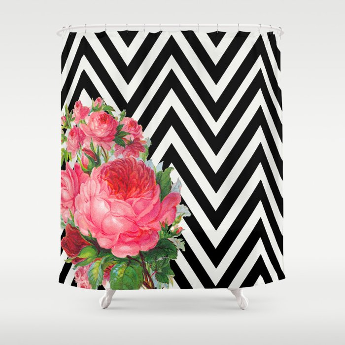 Fl Black And White Chevron Shower Curtain By Allyjcat Society6 Fl Black And White Chevron Shower, Black And White Chevron Shower Curtain