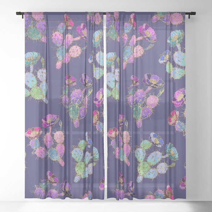 Modern Watercolor Pink Lilac Purple Gold Cactus Floral Sheer