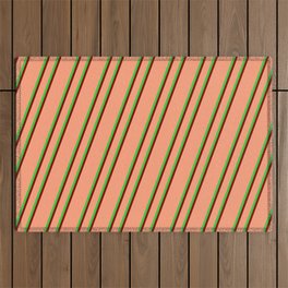 [ Thumbnail: Light Salmon, Lime Green, and Maroon Colored Lines/Stripes Pattern Outdoor Rug ]