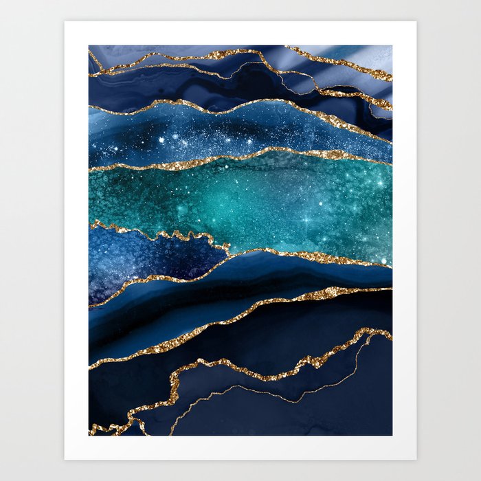 Blue Night Galaxy Marble Art Print