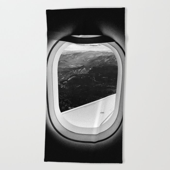 Window Seat // Scenic Mountain View from Airplane Wing // Snowcapped Landscape Photography Beach Towel