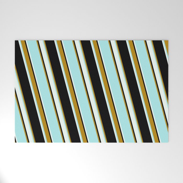 Black, Dark Goldenrod, Turquoise & Mint Cream Colored Lined Pattern Welcome Mat