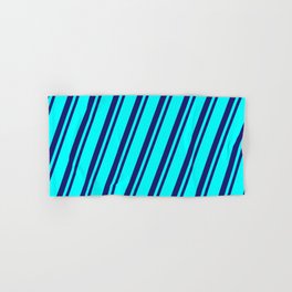 [ Thumbnail: Cyan & Midnight Blue Colored Striped/Lined Pattern Hand & Bath Towel ]