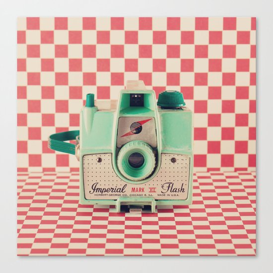 Mint Retro Camera on Red Chequered Background Canvas Print