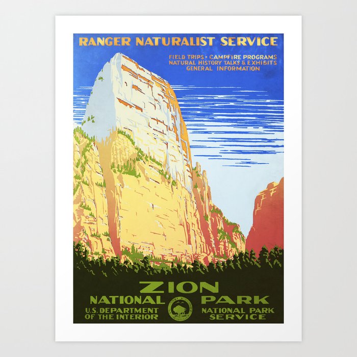 ZION National Park Ranger Naturalist Service Vintage WPA Tourism Advertisement Poster Art Print