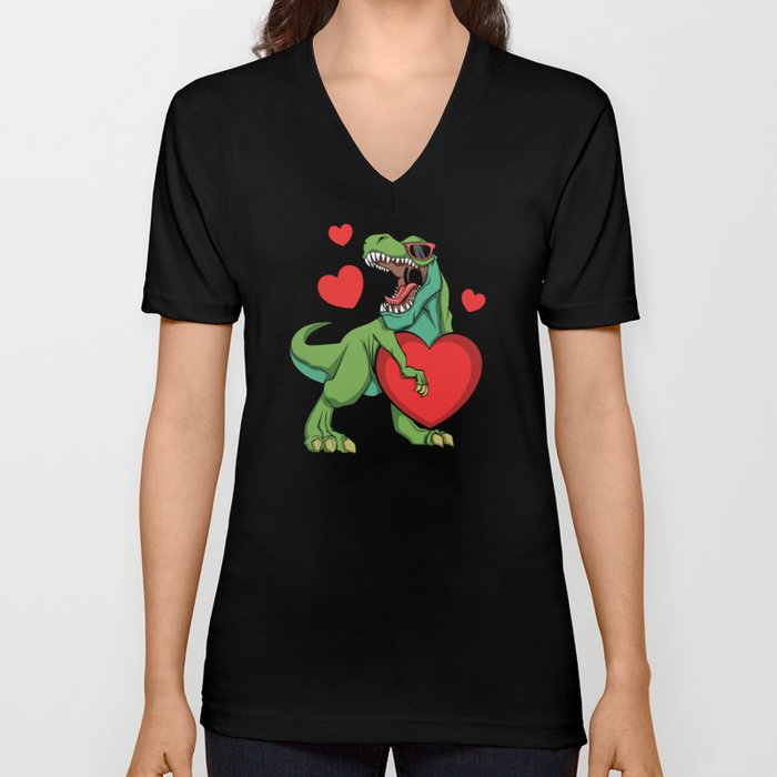 Kawaii Dinosaur Raptor Roar Valentines Day V Neck T Shirt