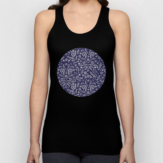 Chalkboard Floral Doodle Pattern in Navy & Cream Unisex Tank Top