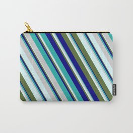 [ Thumbnail: Blue, Light Sea Green, Light Gray, Light Cyan & Dark Olive Green Colored Pattern of Stripes Carry-All Pouch ]