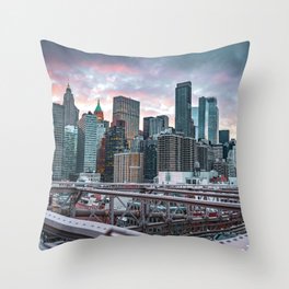 Sunset From the Brooklyn Bridge | New York City Skyline Throw Pillow