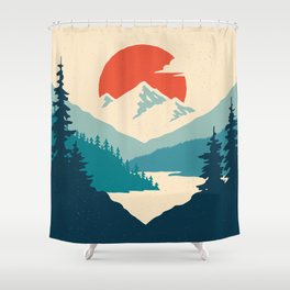 Vintage mountain landscape with sun, mountains and forest. Vintage illustration.  Shower Curtain