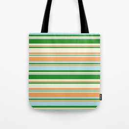 [ Thumbnail: Forest Green, Beige, Brown & Powder Blue Colored Striped Pattern Tote Bag ]