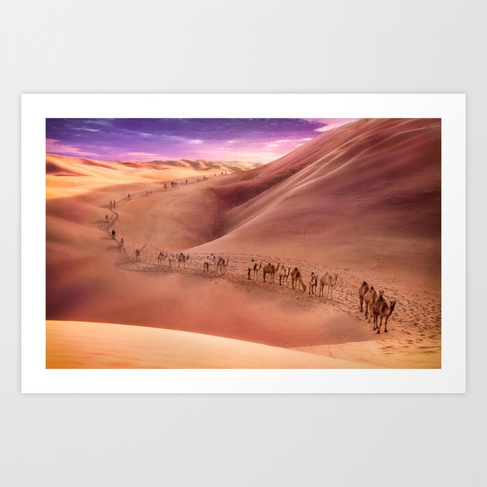 Camel Train Sunset Art Print