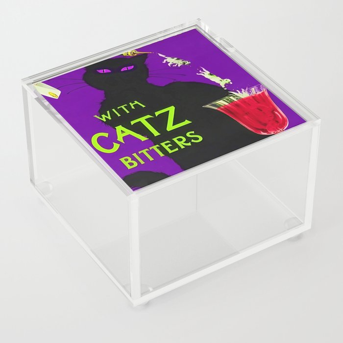 Mix Your Drinks with Catz (Cats) Bitters Aperitif Liquor Vintage Advertising Poster in purple Acrylic Box