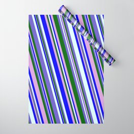 [ Thumbnail: Colorful Plum, Blue, Light Cyan, Slate Blue & Dark Green Colored Striped/Lined Pattern Wrapping Paper ]