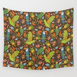 Turquoise toucan with green cockatoo amoung exotic fruits on dark background Wall Tapestry