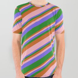 [ Thumbnail: Chocolate, Light Pink, Medium Slate Blue, and Forest Green Colored Stripes/Lines Pattern All Over Graphic Tee ]