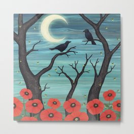 crows, fireflies, and poppies in the moonlight Metal Print