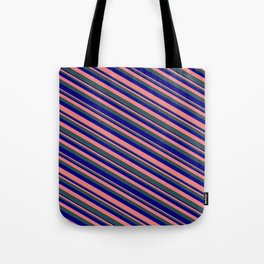 [ Thumbnail: Light Coral, Dark Slate Gray & Blue Colored Striped/Lined Pattern Tote Bag ]