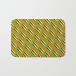 [ Thumbnail: Dark Goldenrod, Turquoise & Dark Green Colored Lines/Stripes Pattern Bath Mat ]