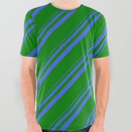 [ Thumbnail: Royal Blue and Green Colored Stripes/Lines Pattern All Over Graphic Tee ]