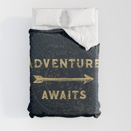 Adventure Awaits Duvet Cover | Pattern, Illustration, Vintage, Blue, Map, Graphicdesign, Maps, Adventure, Typography, Arrows 