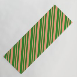 [ Thumbnail: Light Salmon & Forest Green Colored Lined Pattern Yoga Mat ]