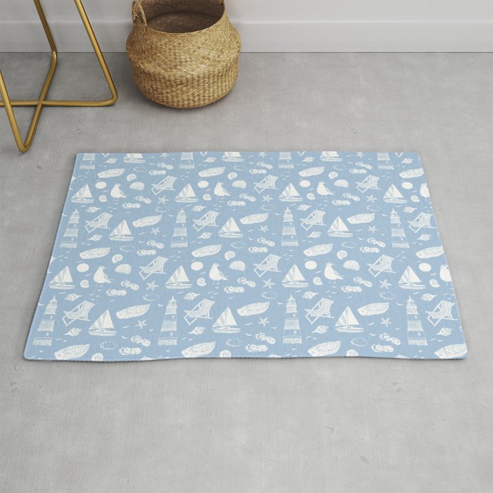 Pale Blue And White Summer Beach Elements Pattern Rug