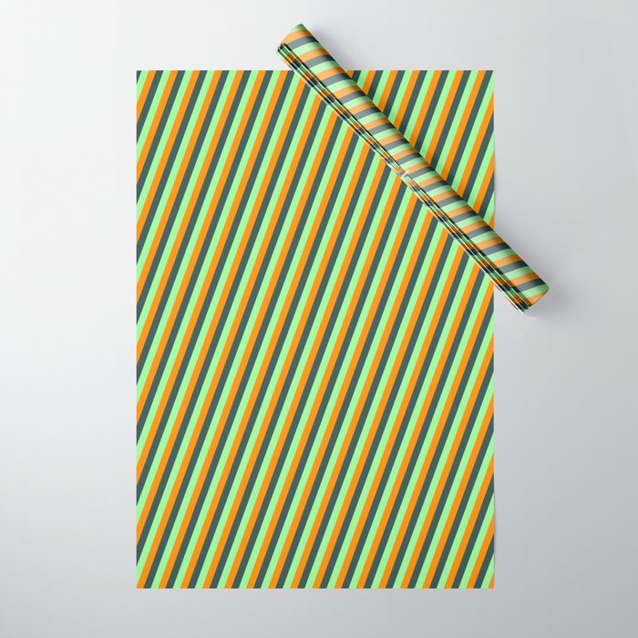 Dark Slate Gray, Green, and Dark Orange Colored Pattern of Stripes Wrapping Paper