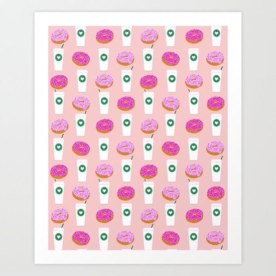 Coffee and donuts cute latte breakfast food pattern print pastel pink girly coffee cell phone cases Art Print