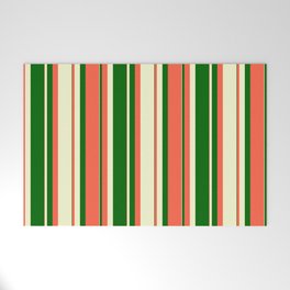 [ Thumbnail: Red, Light Yellow & Dark Green Colored Stripes Pattern Welcome Mat ]