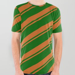 [ Thumbnail: Chocolate & Dark Green Colored Striped Pattern All Over Graphic Tee ]