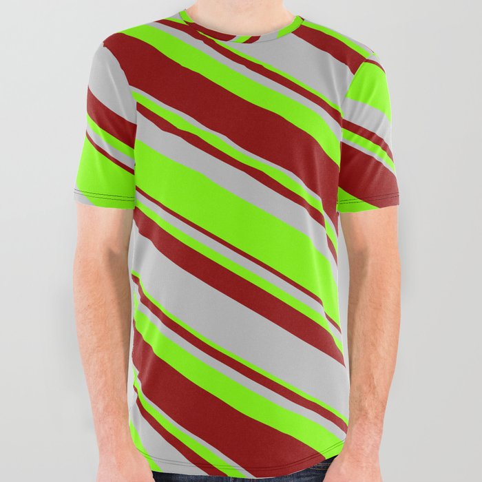 Dark Red, Grey & Chartreuse Colored Lined/Striped Pattern All Over Graphic Tee