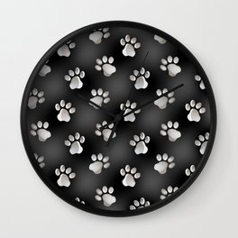 Black and Silver Animal Cat Dog Paw Prints Wall Clock