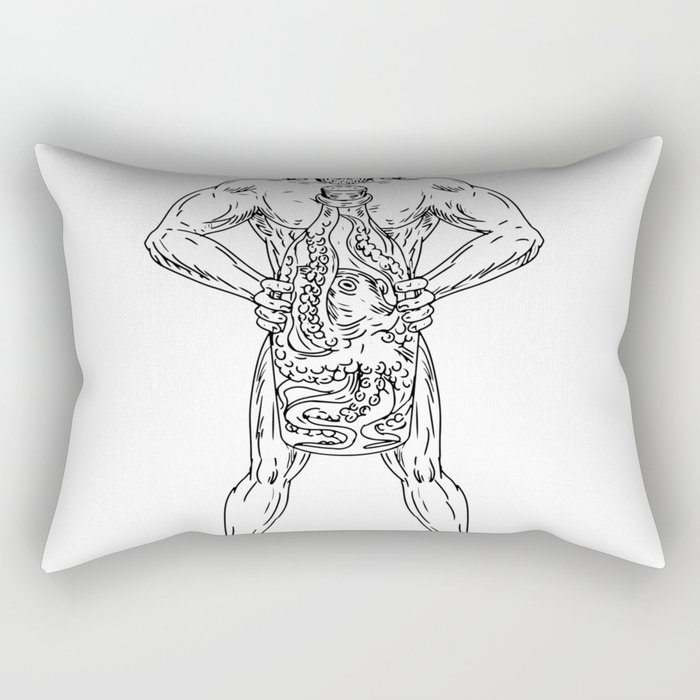 Hercules Hold Bottle Octopus Inside Drawing Black and White Rectangular Pillow