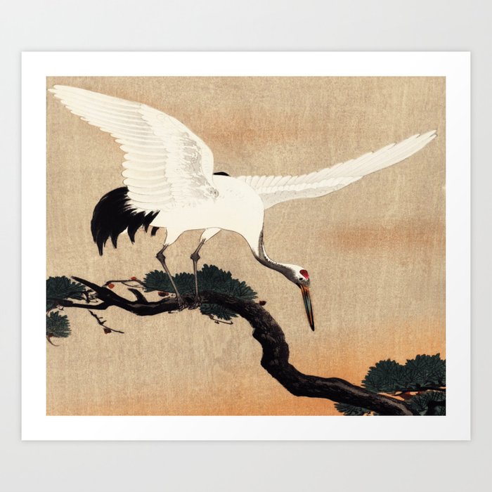 Crane Bird Branch Traditional Japanese Wildlife Art Print